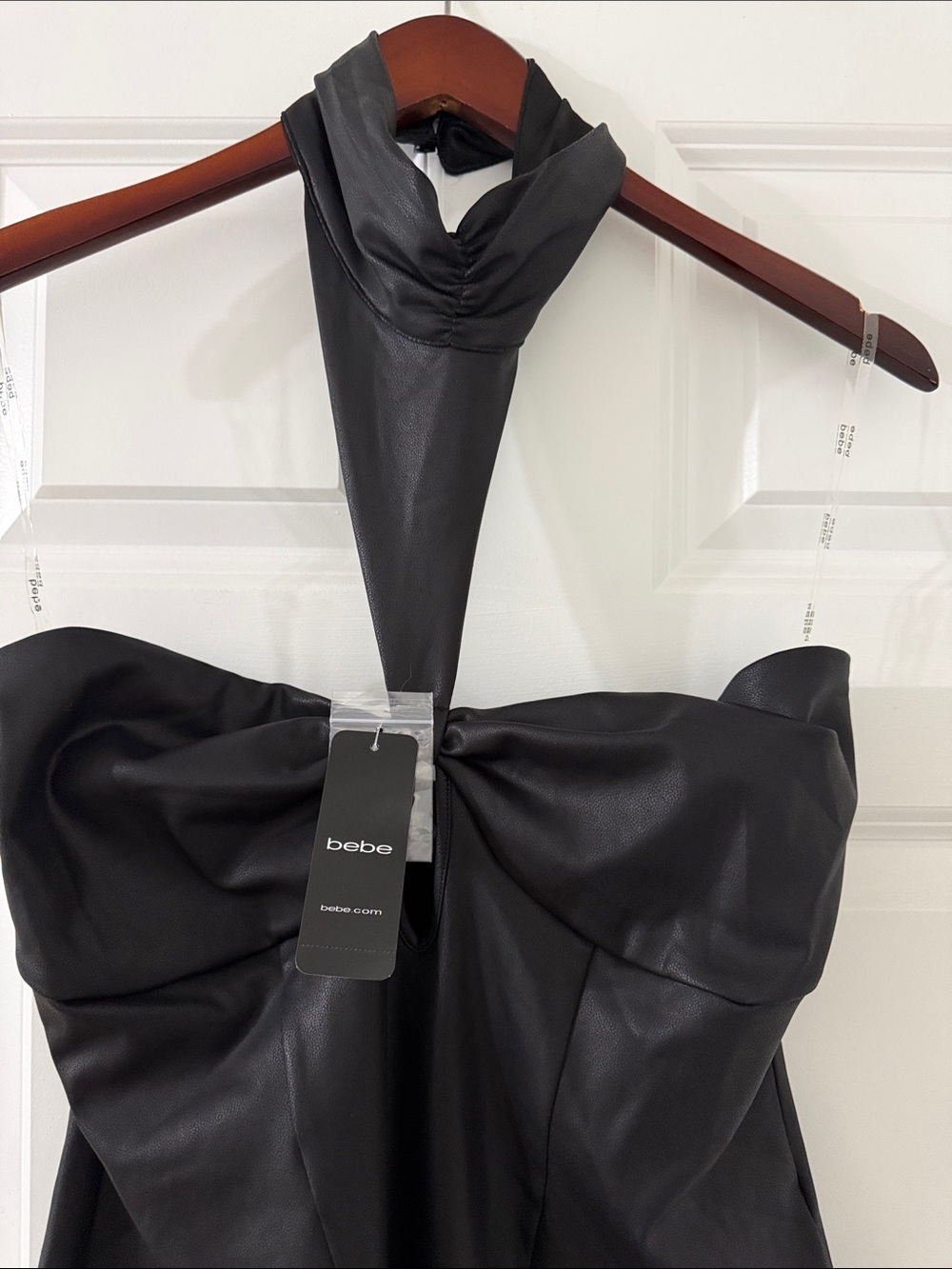 bebe Black Faux Leather Halter Bodysuit with Sweetheart Bust